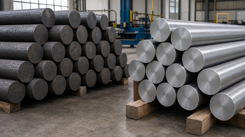 Hot rolled dark-surface round bars beside forged bright round bars in an industrial warehouse for a steel supply comparison.